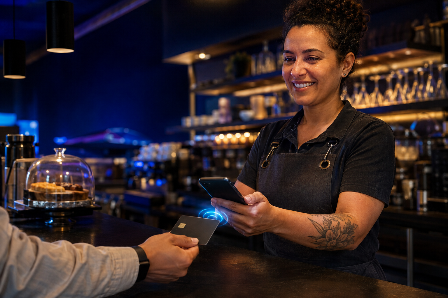 Atendimento no balcão com pagamento por aproximação no celular